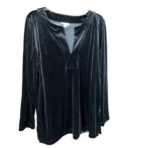 J. Jill Black Velour Tunic Top Long Sleeve Split V-Neck Small Plush Pullover